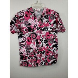 "Peaches" brand Floral Print On Pinks And Black Scrub Top - Sz XS Cotton